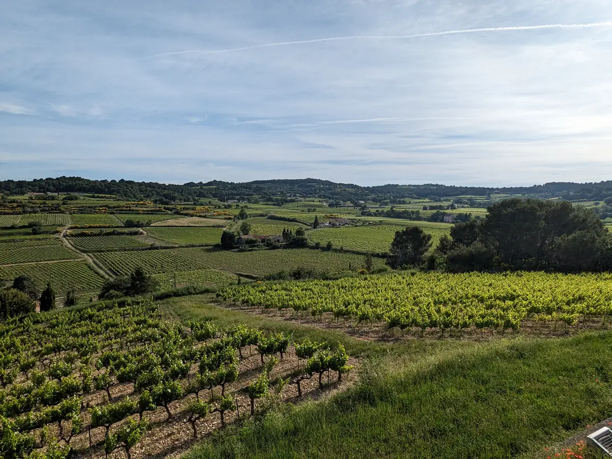 Weinparzellen und Wege auf den Hügeln rund um Cairanne