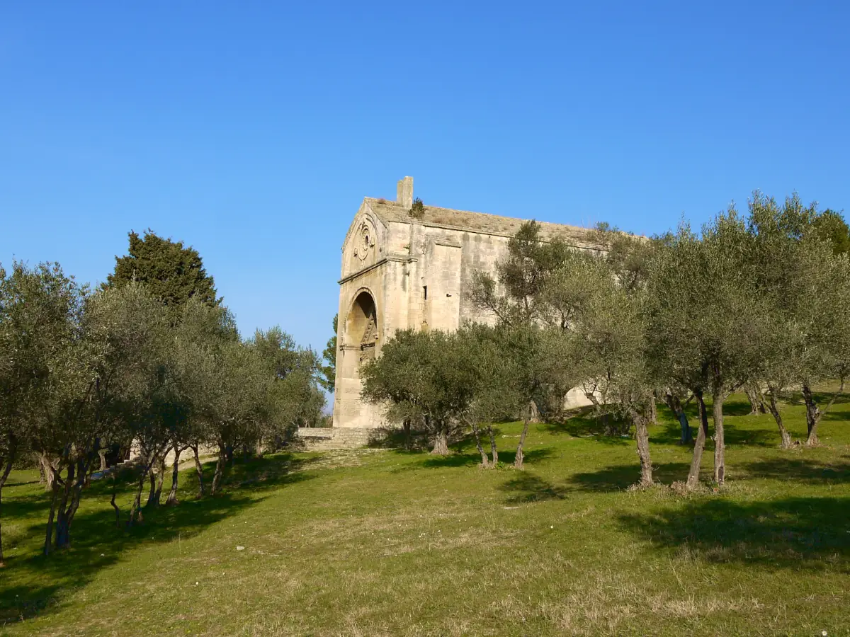 Side view of Saint Gabriel Chapel among olive trees near Tarascon