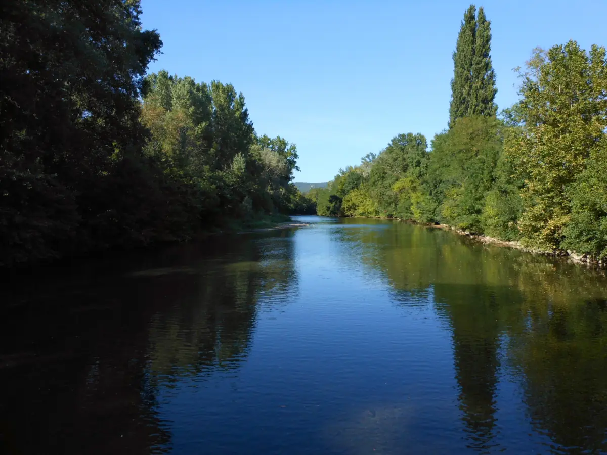 Vue de la Cèze et de ses rives boisées depuis le pont de la route de Pont-Saint-Esprit à Goudargues