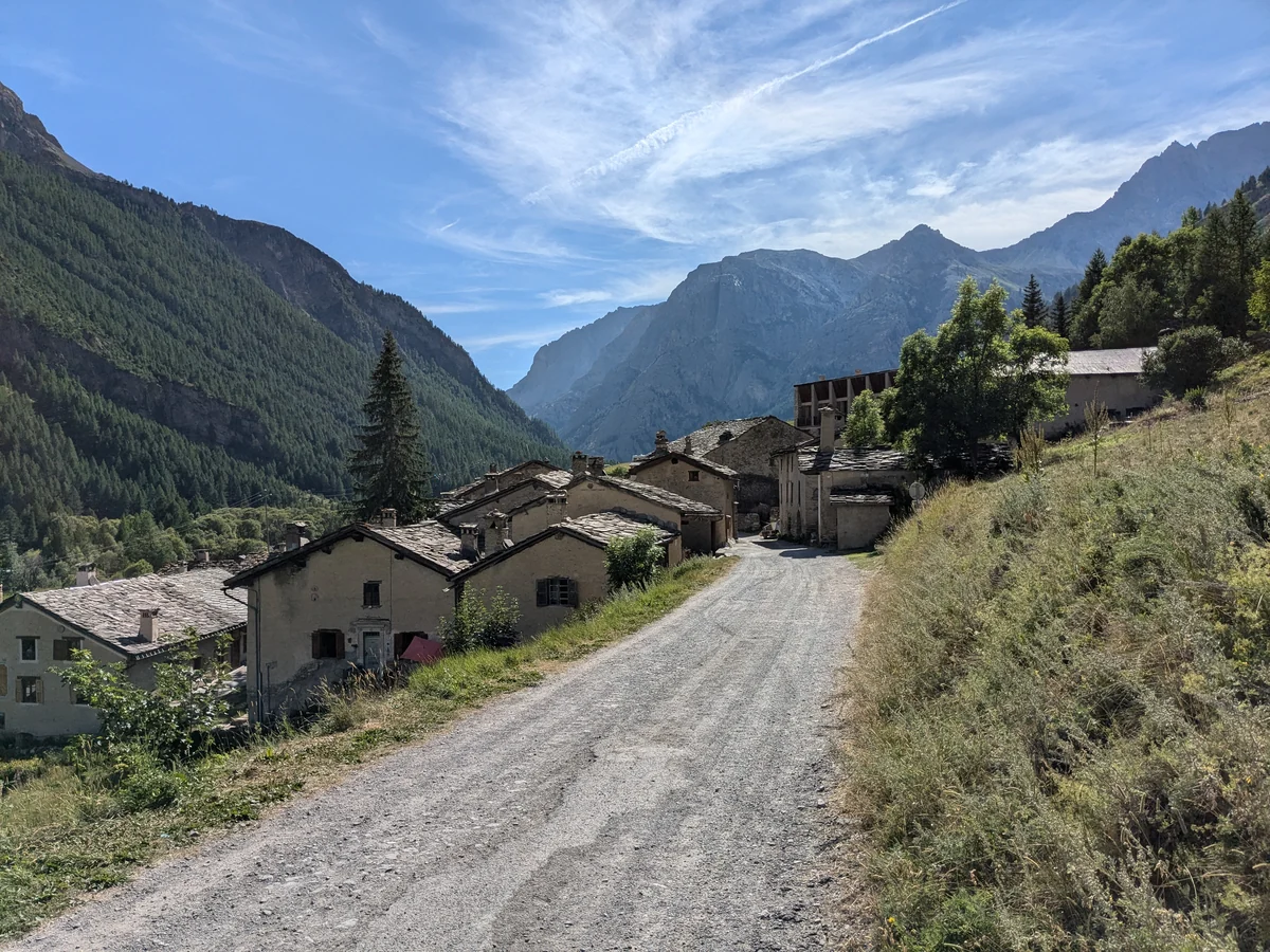 Road between stone-roofed houses in Maljasset, beneath the slopes of the upper Ubaye valley