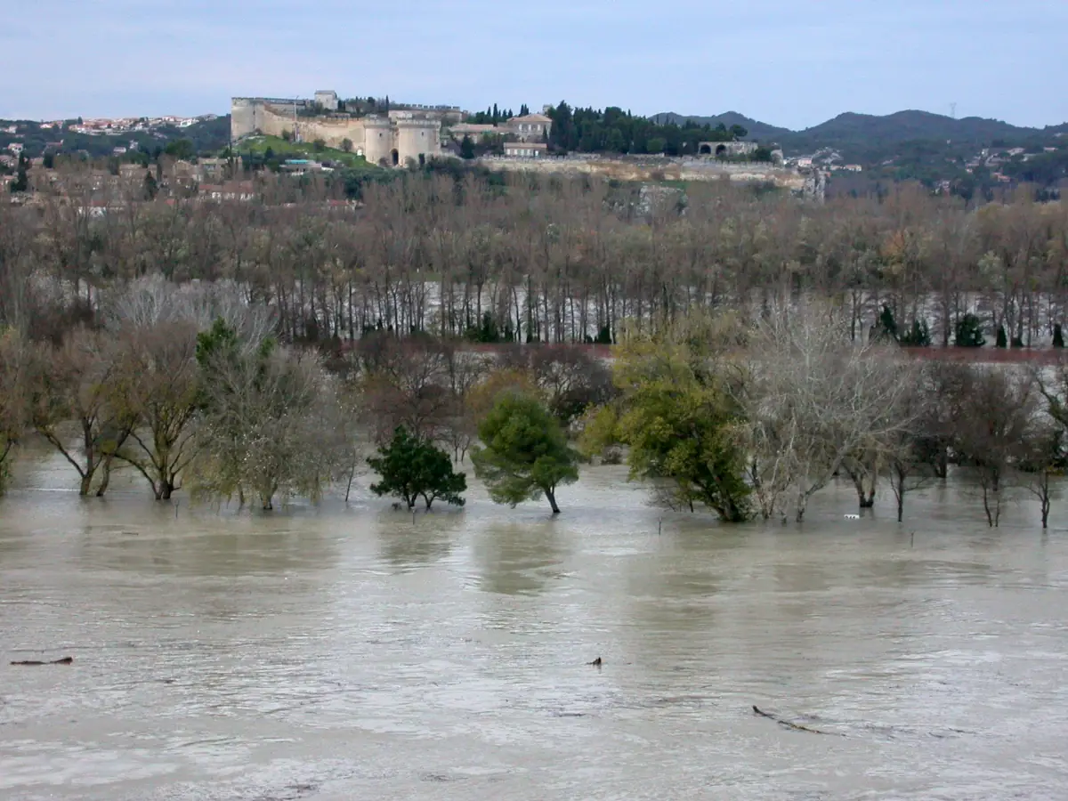 Barthelasse flooded by the Rhône in December 2003, with Fort Saint-André in the background