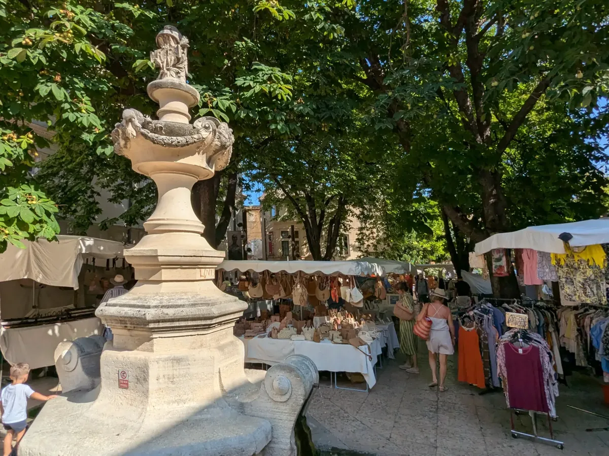 Brunnen unter Platanen auf dem Markt von Saint-Rémy