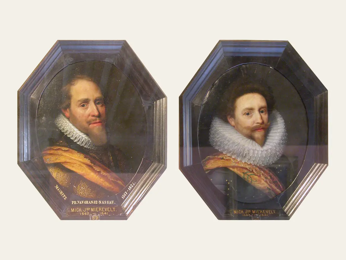 Maurice of Nassau on the left and Philip William of Nassau on the right, two portraits in octagonal frames in the museum of Orange