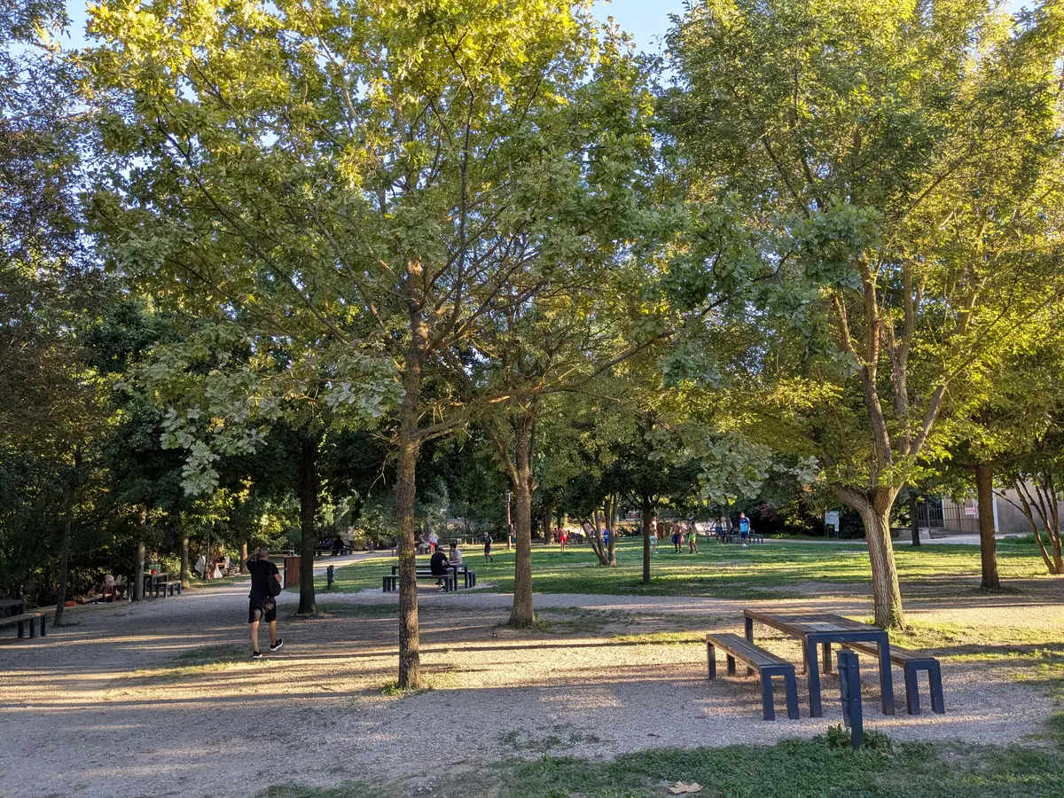 Tavoli da picnic sotto i grandi alberi del Partage des Eaux