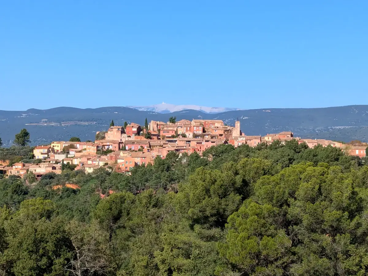 Roussillon village in front of the Monts de Vaucluse and Mont Ventoux