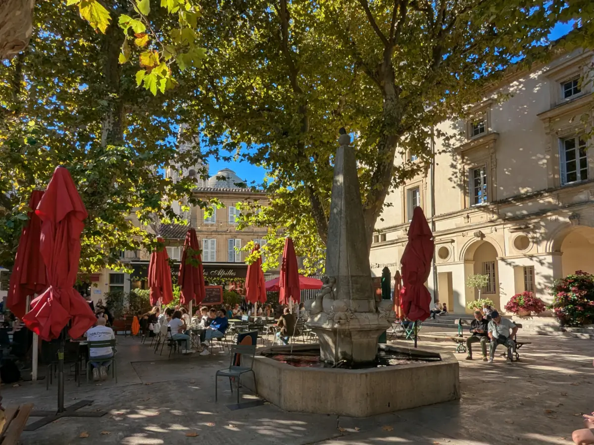 Der Brunnen und die Caféterrassen vor dem Rathaus an der Place Jules-Pellissier