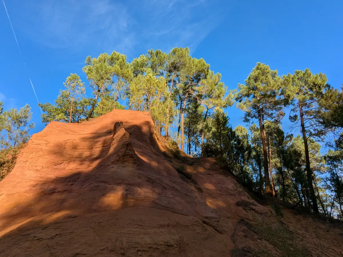 Red-orange sand face topped with pines on the Sentier des Ocres
