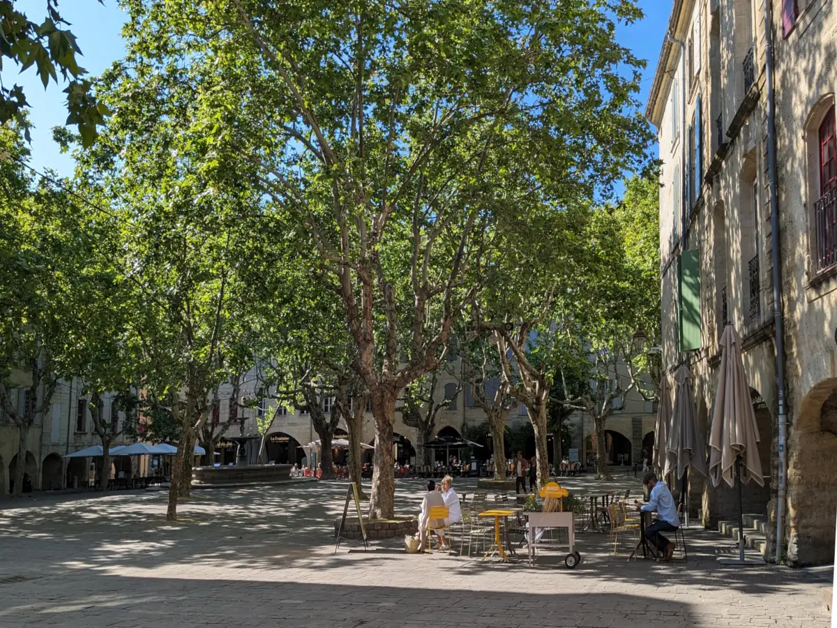 Blick über die Place aux Herbes in Uzès mit Platanen, Arkadenfassaden und Caféterrassen